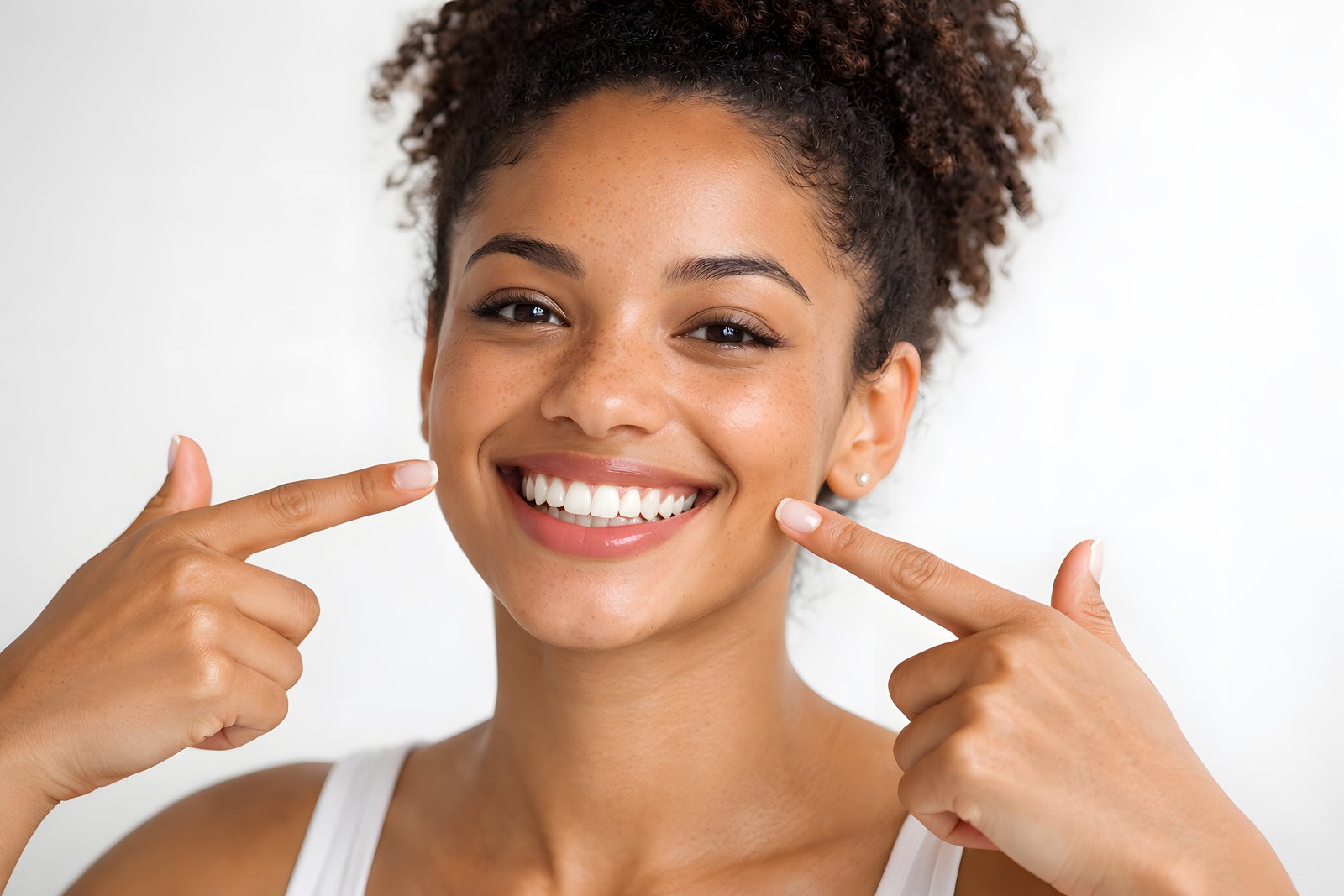 Woman smiling with a healthy, balanced gum line after gum contouring at Pearl Smile Center